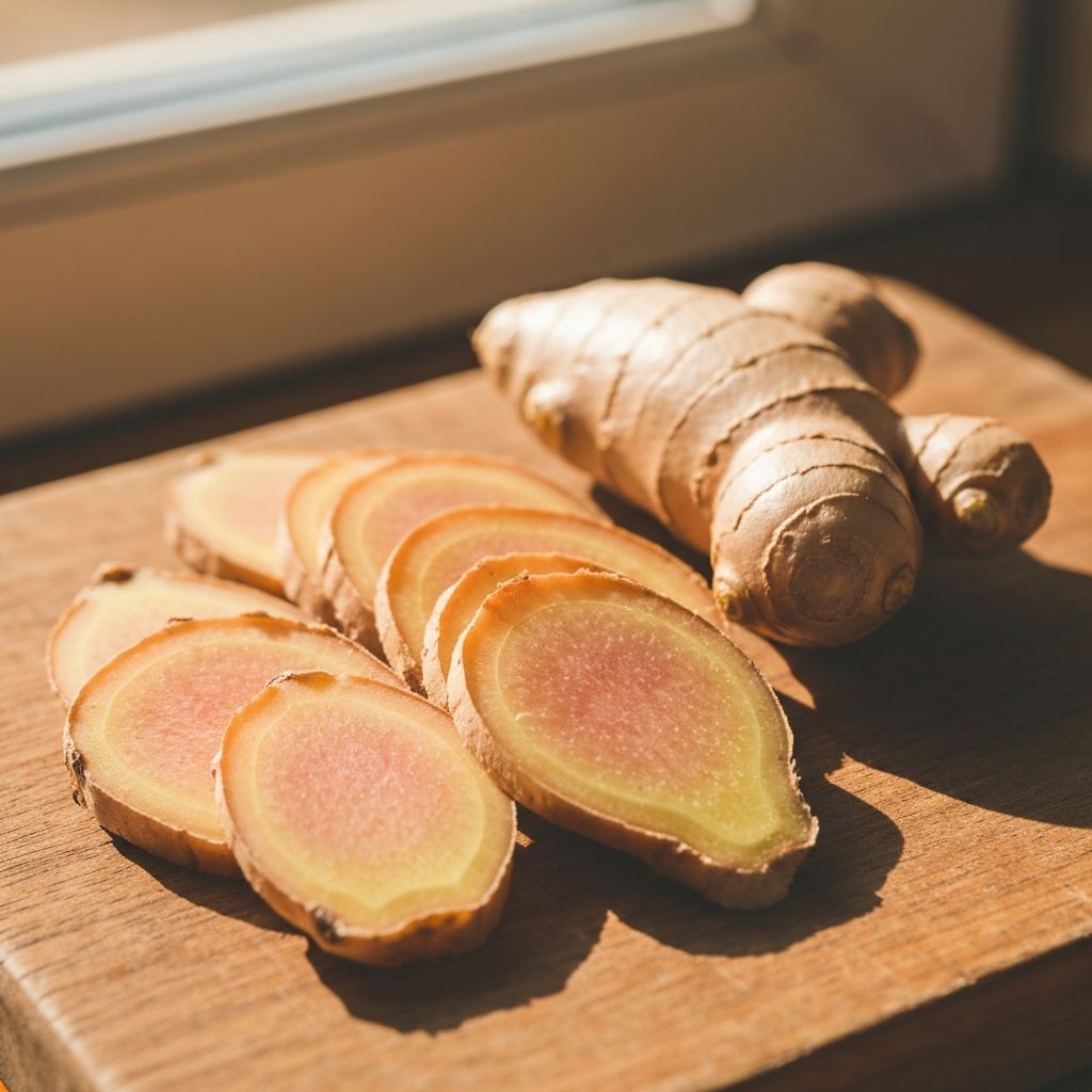 Fresh ginger root on wooden surface
